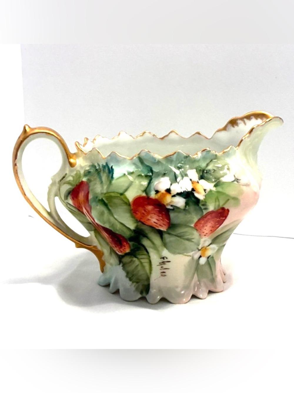 Antique, MZ Austria, porcelain strawberry/floral creamer, hand painted/signed